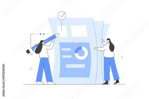 Digital business concept. Working together on project. Analytics team analyzing report, graphs, charts and other business data. Flat Cartoon Vector Illustration, icon. Stylish, Minimalist Abstract