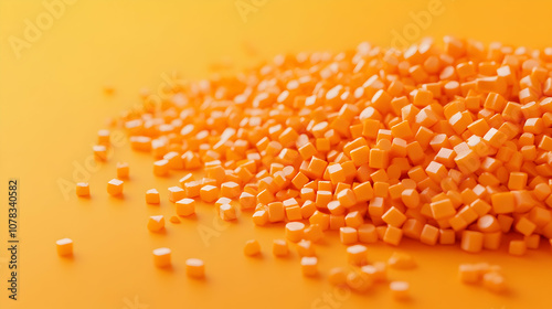 Close-up Top View of a Heap of Orange Plastic Polypropylene Granules on an Orange Background, Representing Masterbatch Polymer Pellets. 3D Render of HDPE or PVC Resin Pellets-