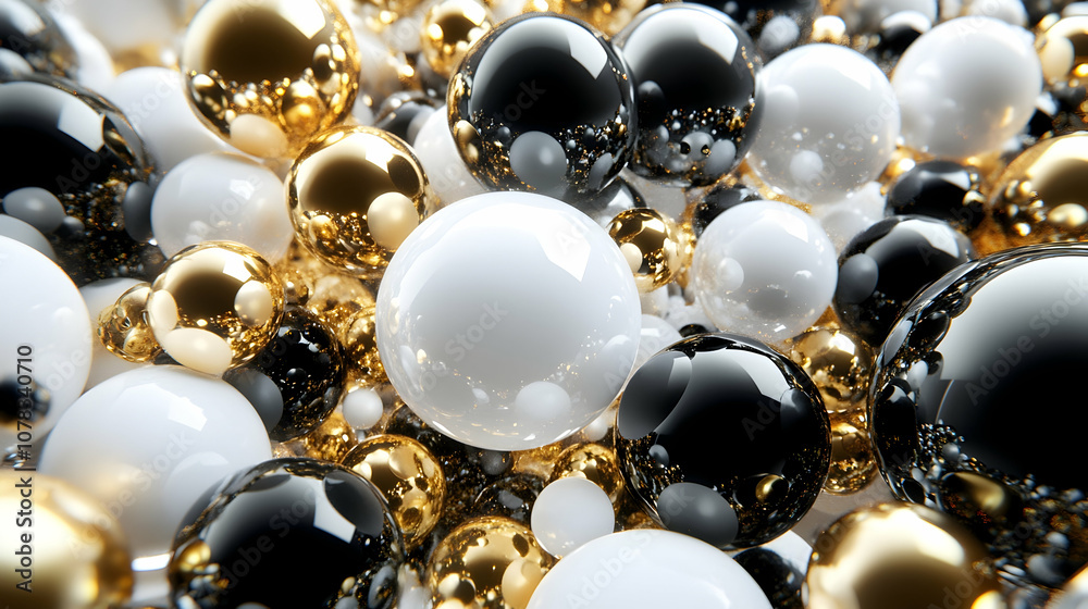 Cluster of abstract spheres and solids, gold, white and black, 3d render Cluster of abstract spheres and solids, gold, white and black, 3d render