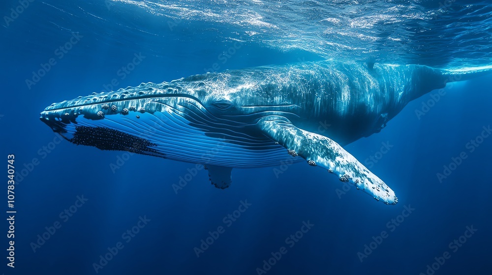 Fototapeta premium A humpback whale swims through the blue ocean as sunlight beams through the water.