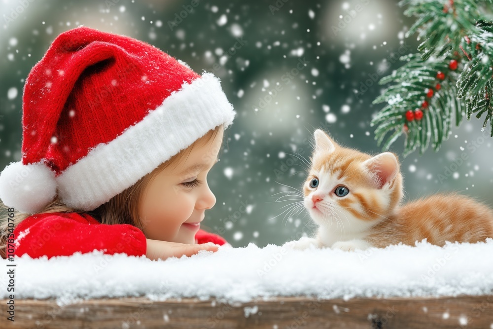A joyful child in a Santa hat playing with a cute kitten in a snowy winter landscape. A joyful child in a Santa hat playing with a cute kitten in a snowy winter landscape.