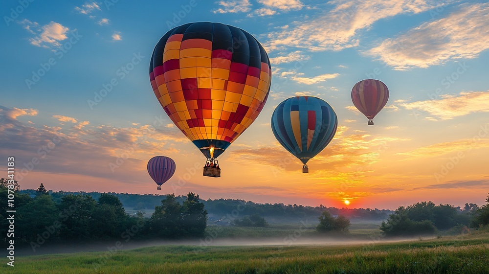 Naklejka premium Four hot air balloons rise above a field as the sun rises.