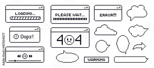 Retro browser computer window in 90s style. Message boxes and popup user interface elements. Vector black and white illustration.