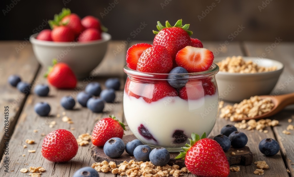 Delicious berry parfait in glass jar Delicious berry parfait in glass jar
