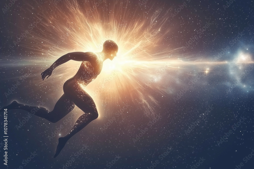 A luminous figure ascending toward light or cosmic realms, symbolizing personal growth, spiritual awakening, and connection with the higher self. Ideal for content on self-development, enlightenment,
