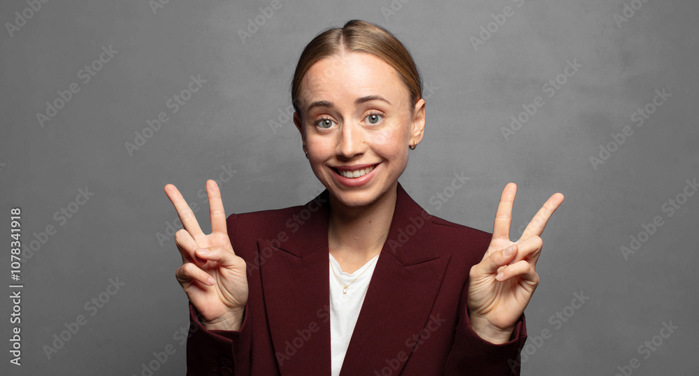 smiling and looking happy, friendly and satisfied, gesturing victory or peace with both hands smiling and looking happy, friendly and satisfied, gesturing victory or peace with both hands