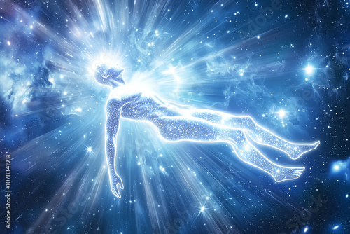 A luminous figure ascending toward light or cosmic realms, symbolizing personal growth, spiritual awakening, and connection with the higher self. Ideal for content on self-development, enlightenment, 