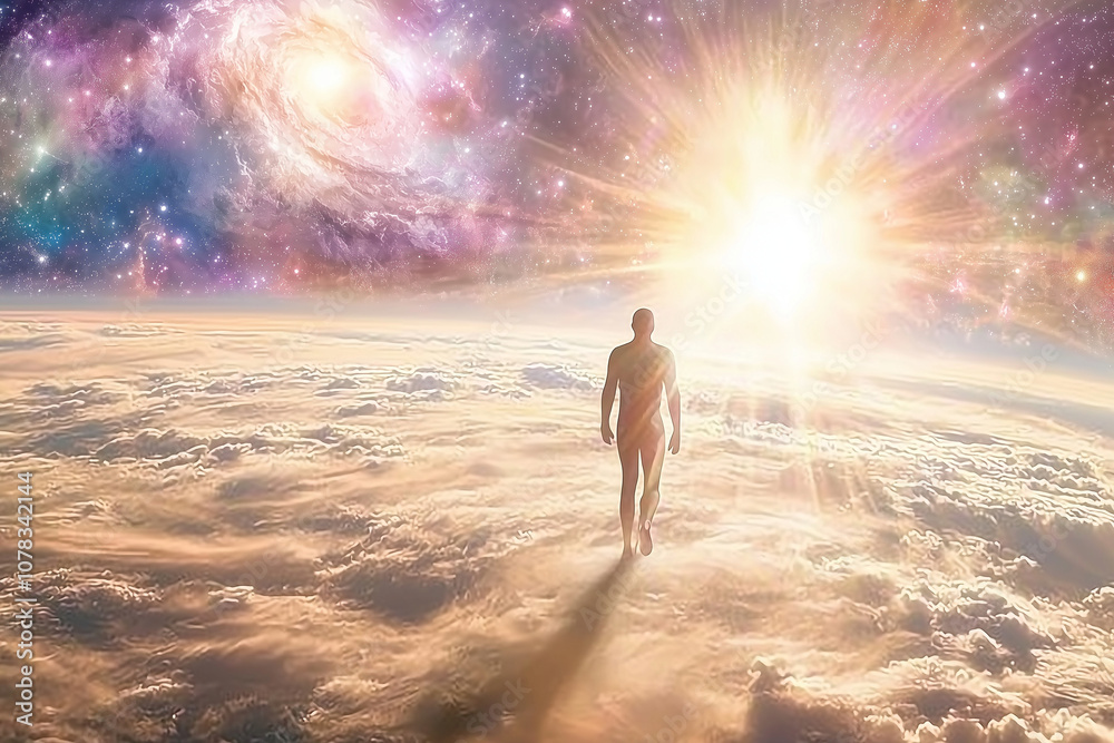 A luminous figure ascending toward light or cosmic realms, symbolizing personal growth, spiritual awakening, and connection with the higher self. Ideal for content on self-development, enlightenment,