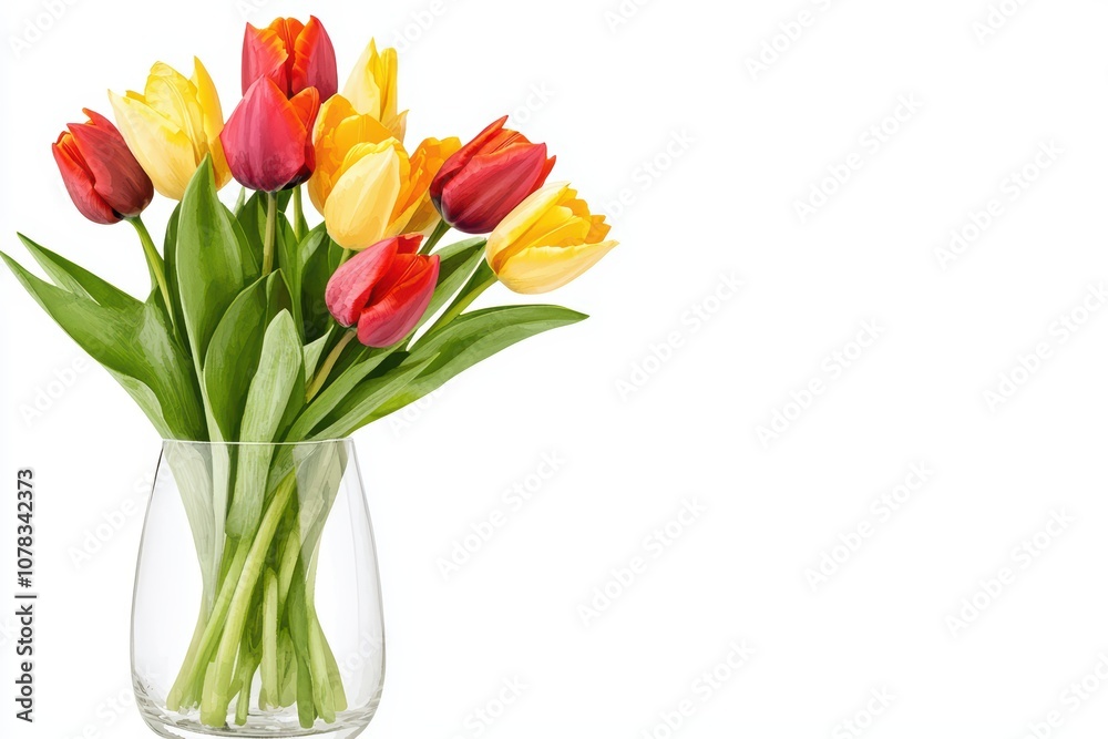 A beautiful arrangement of colorful tulips in a clear glass vase on a white isolate background. A beautiful arrangement of colorful tulips in a clear glass vase on a white isolate background.