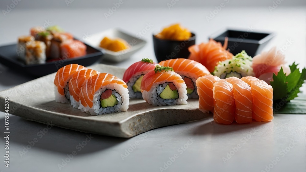 Elegant sushi dinner with assorted rolls and sashimi Elegant sushi dinner with assorted rolls and sashimi