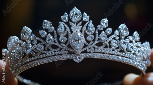 A stunning silver tiara with large and small diamonds, isolated on a rich dark background, emphasizing luxury.