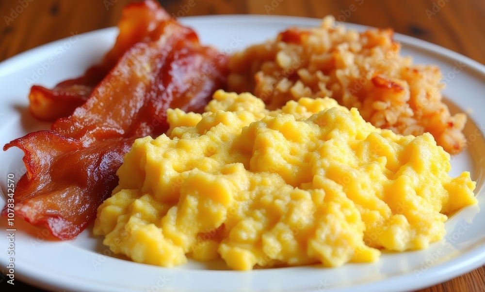Delicious breakfast of scrambled eggs and bacon Delicious breakfast of scrambled eggs and bacon
