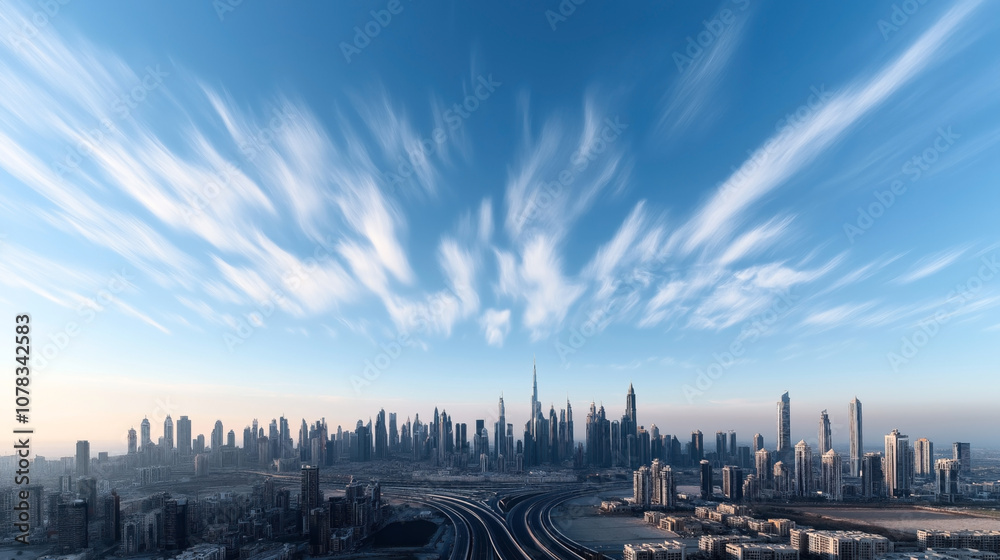 Obraz premium City skyline with modern skyscrapers under a vibrant blue sky and dynamic cloud patterns at sunrise