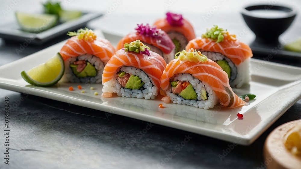 Elegant sushi dinner with salmon tuna and toppings Elegant sushi dinner with salmon tuna and toppings
