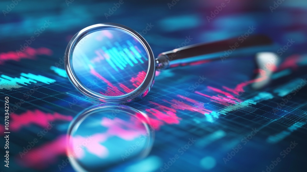 A magnifying glass is on top of a computer screen with a lot of numbers A magnifying glass is on top of a computer screen with a lot of numbers