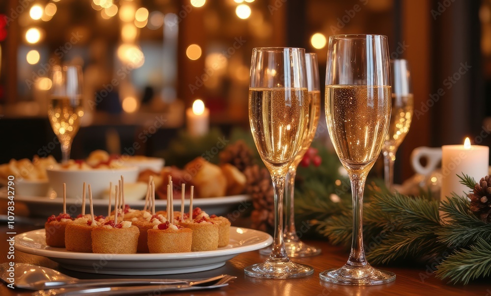 Elegant holiday dining with champagne flutes