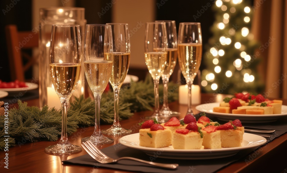 Elegant table setting with desserts and champagne Elegant table setting with desserts and champagne