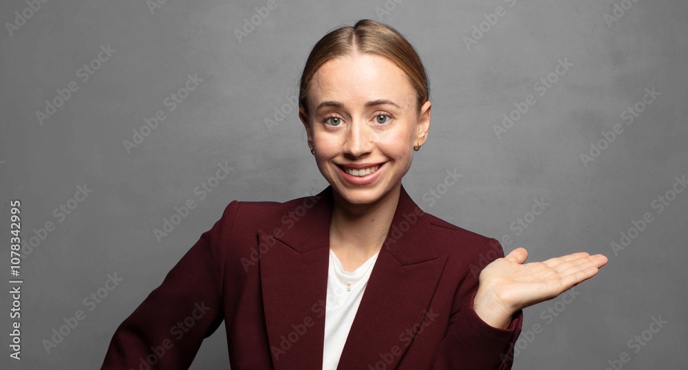 smiling, feeling confident, successful and happy, showing concept or idea on copy space on the side smiling, feeling confident, successful and happy, showing concept or idea on copy space on the side