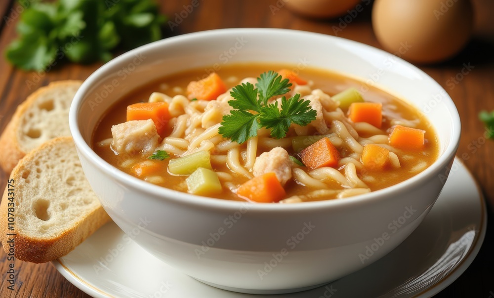 Delicious chicken noodle soup with fresh herbs Delicious chicken noodle soup with fresh herbs