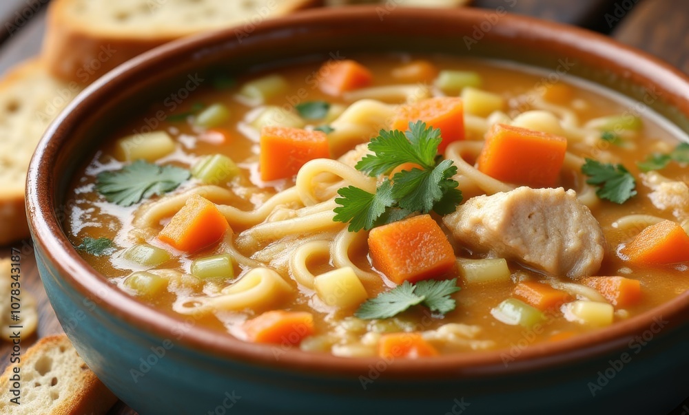 Delicious chicken noodle soup with vegetables Delicious chicken noodle soup with vegetables