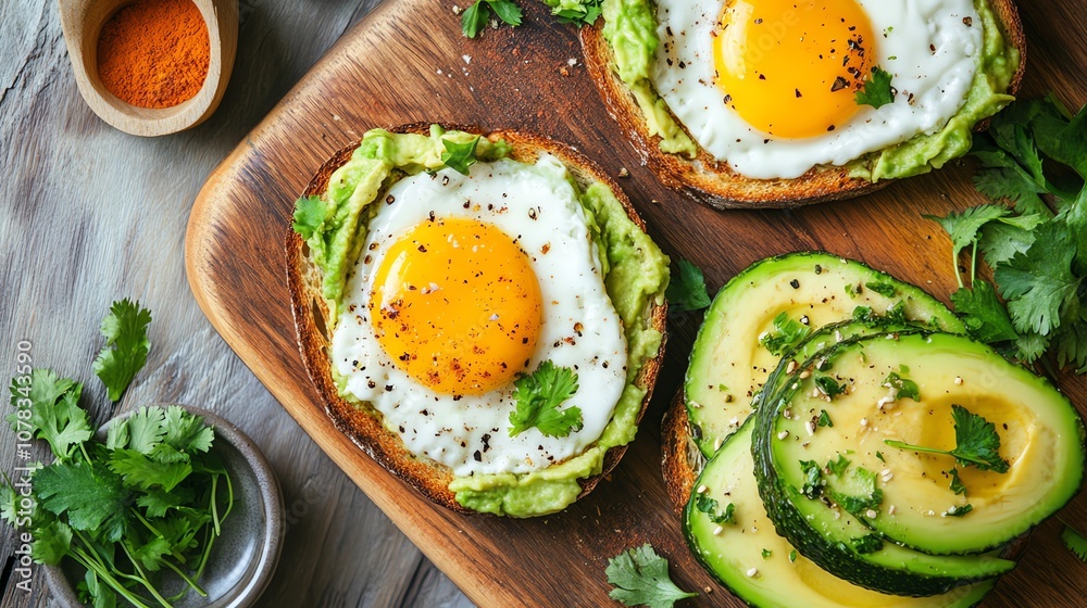 A breakfast of avocado toast with a fried egg on top, seasoned with salt and pepper, served with cilantro. A breakfast of avocado toast with a fried egg on top, seasoned with salt and pepper, served with cilantro.