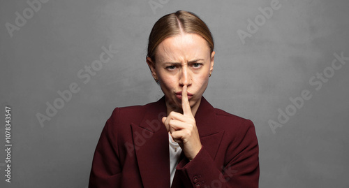 looking serious and cross with finger pressed to lips demanding silence or quiet, keeping a secret