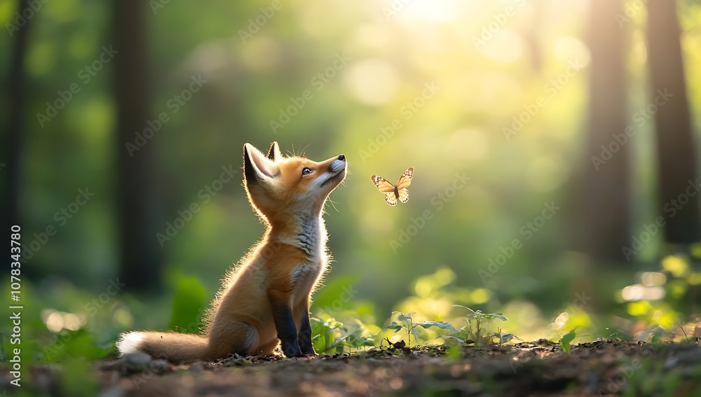 Obraz premium A cute red fox kit sits in a forest, looking up at a butterfly flying in the sunlight.