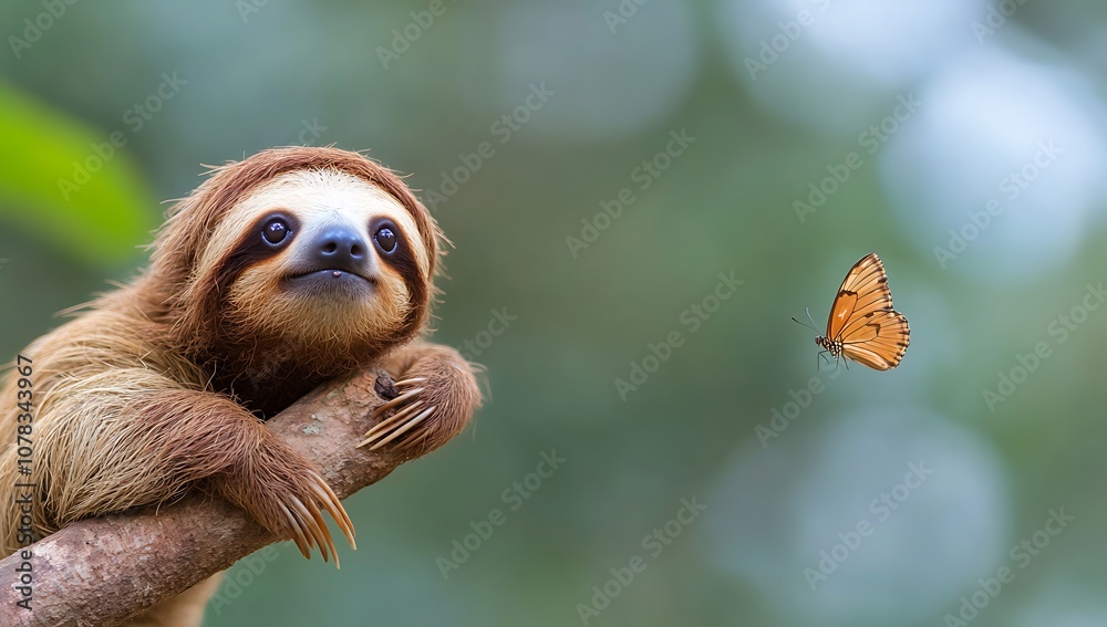 Naklejka premium A cute sloth looks up at a butterfly flying in the air.