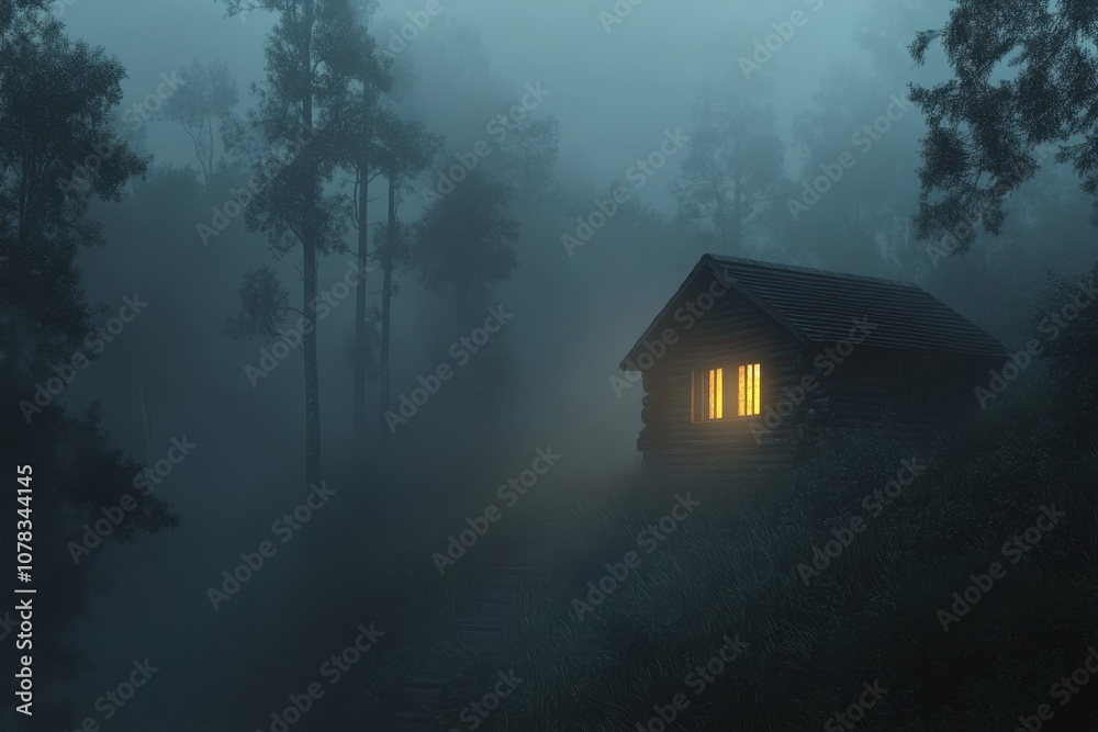Secluded Cabin in the Fog: A small, cozy wooden cabin