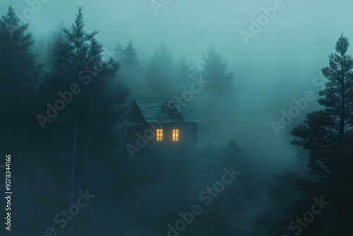 Secluded Cabin in the Fog: A small, cozy wooden cabin