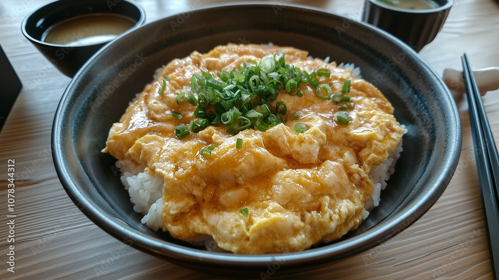 木のテーブルで楽しむ親子丼と味噌汁 木のテーブルで楽しむ親子丼と味噌汁