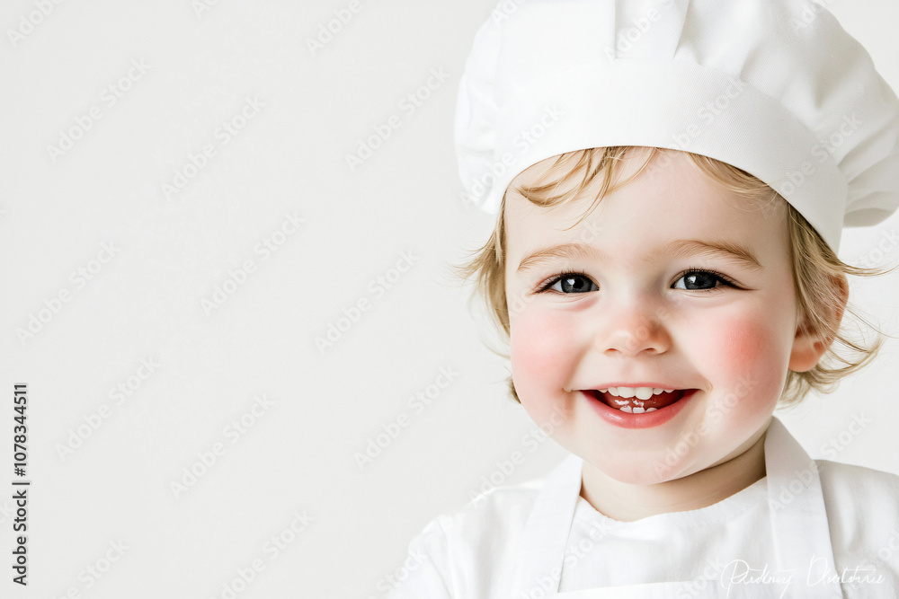 a happy young caucasian toddler cook wearing professional chef attire, isolated white backdrop a happy young caucasian toddler cook wearing professional chef attire, isolated white backdrop