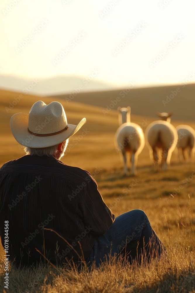 Golden Hour Serenity, Cattle Rancher in Cowboy Hat Contemplates Llamas in Sunset Pasture. Golden Hour Serenity, Cattle Rancher in Cowboy Hat Contemplates Llamas in Sunset Pasture.