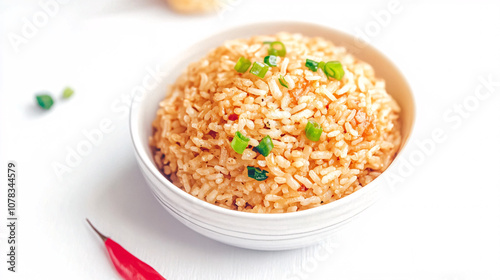 A bowl of flavorful fried rice garnished with green onions, served with a hint of red chili for added spice.