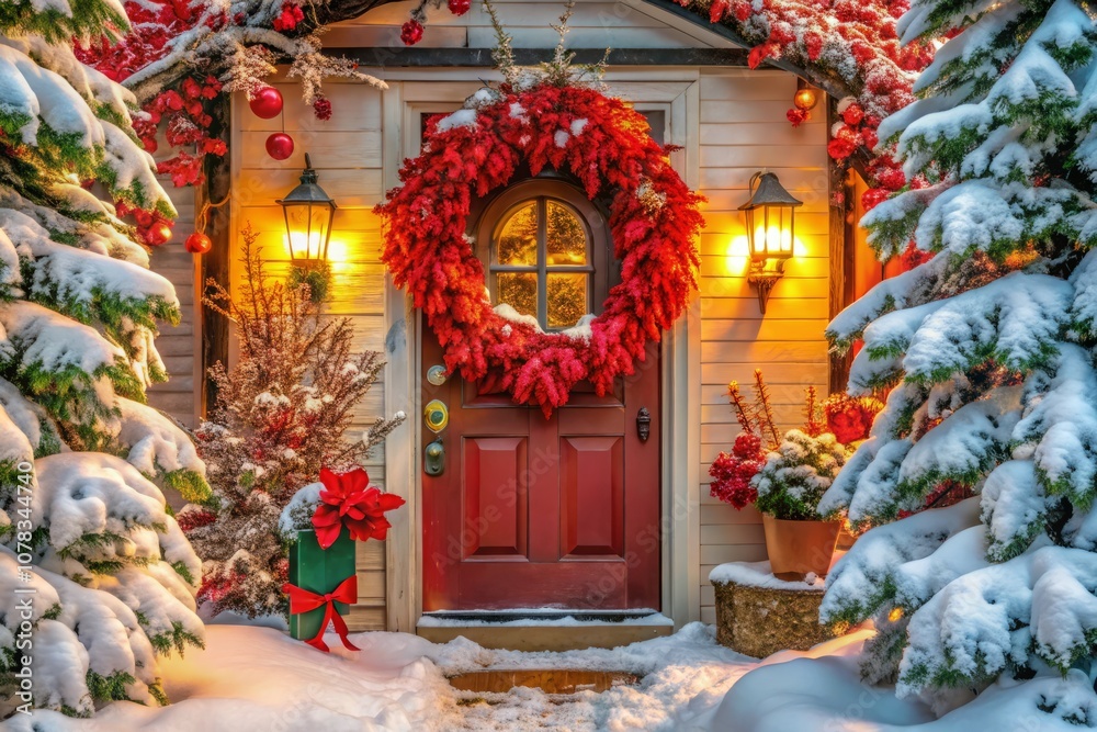Obraz premium A Cozy Winter Scene: A Festive Door Adorned with Red Leaves and a Wreath Surrounded by Snow-Covered Trees, Inviting Warmth and Cheer During the Holiday Season
