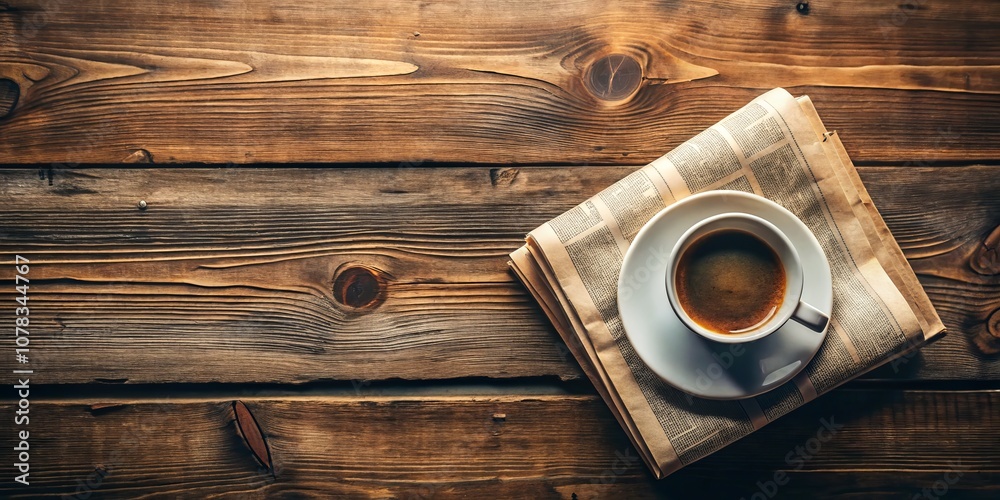 A Cozy Morning Scene Featuring a Cup of Coffee Resting Comfortably on a Folded Newspaper atop a Rustic Wooden Table, Perfect for Evoking Warmth and Relaxation in Stock Photography
