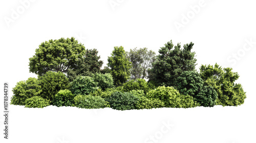 A row of trees with bushes in between