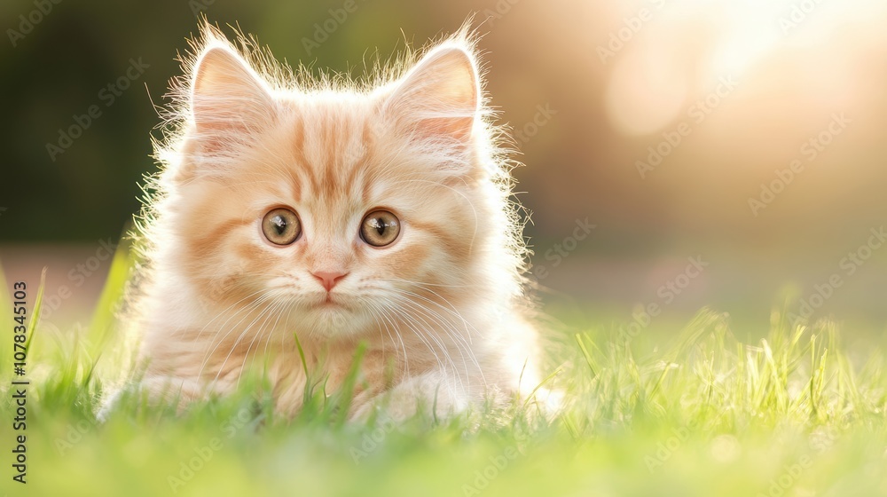 A cute, fluffy orange kitten gazes curiously while lying in soft green grass, illuminated by warm sunlight, This image is perfect for pet-themed content, marketing, or any cat-related projects, A cute, fluffy orange kitten gazes curiously while lying in soft green grass, illuminated by warm sunlight, This image is perfect for pet-themed content, marketing, or any cat-related projects,