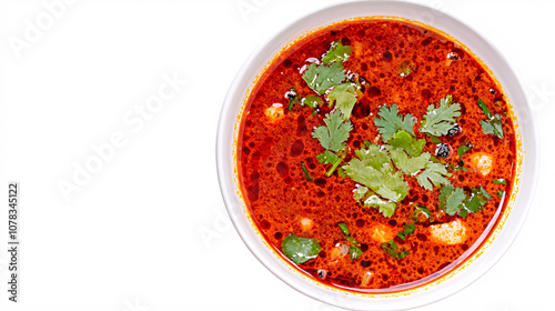 A vibrant bowl of spicy red soup garnished with fresh cilantro, showcasing rich flavors and inviting textures.