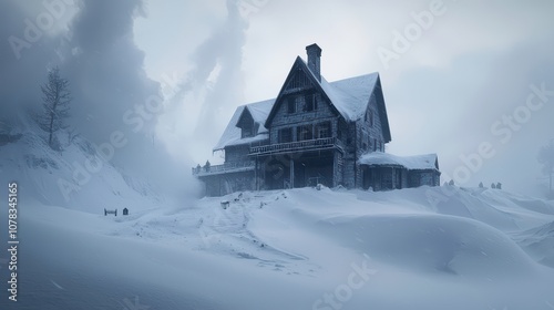 A secluded house buried in snow, showcasing winter's harsh beauty and tranquility.