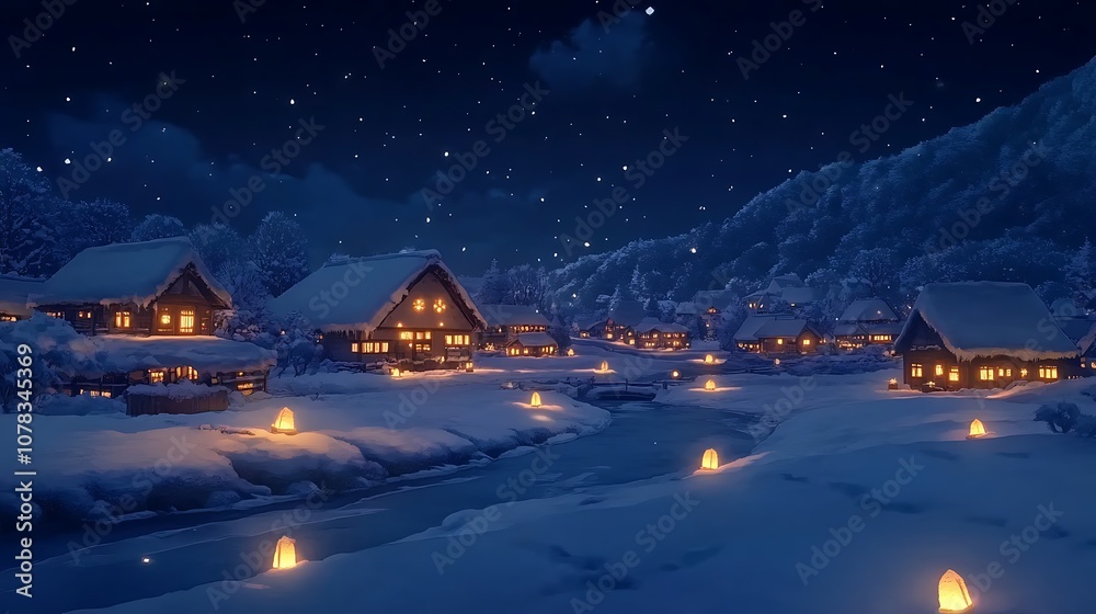 Fototapeta premium Peaceful anime village covered in snow with glowing lanterns at night