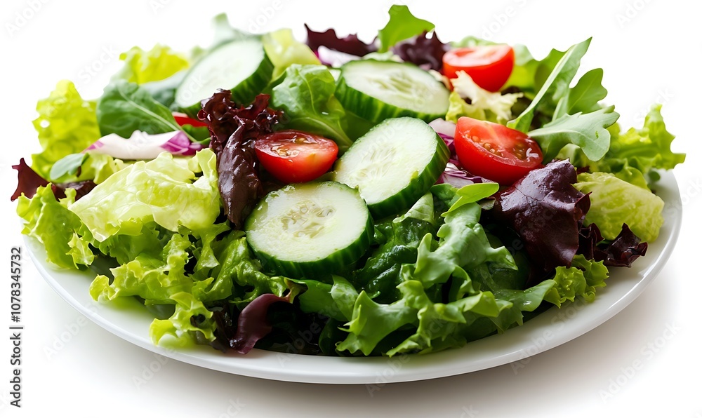 A fresh salad with mixed greens, cucumber, tomatoes, and red onion on a white plate. A fresh salad with mixed greens, cucumber, tomatoes, and red onion on a white plate.