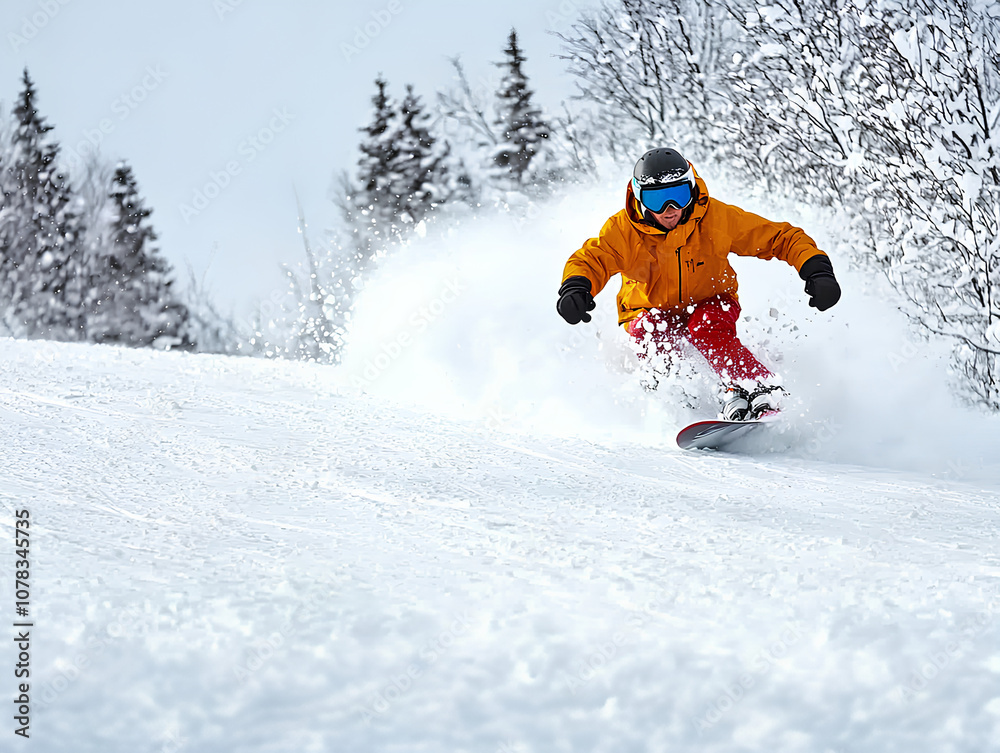 Snowboarder makes a hull-turn going down on the snow Snowboarder makes a hull-turn going down on the snow