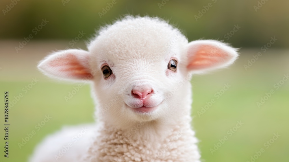 A close-up of an adorable white lamb with big eyes and a sweet expression, set against a soft green background, This image is perfect for farm-themed projects, children's books