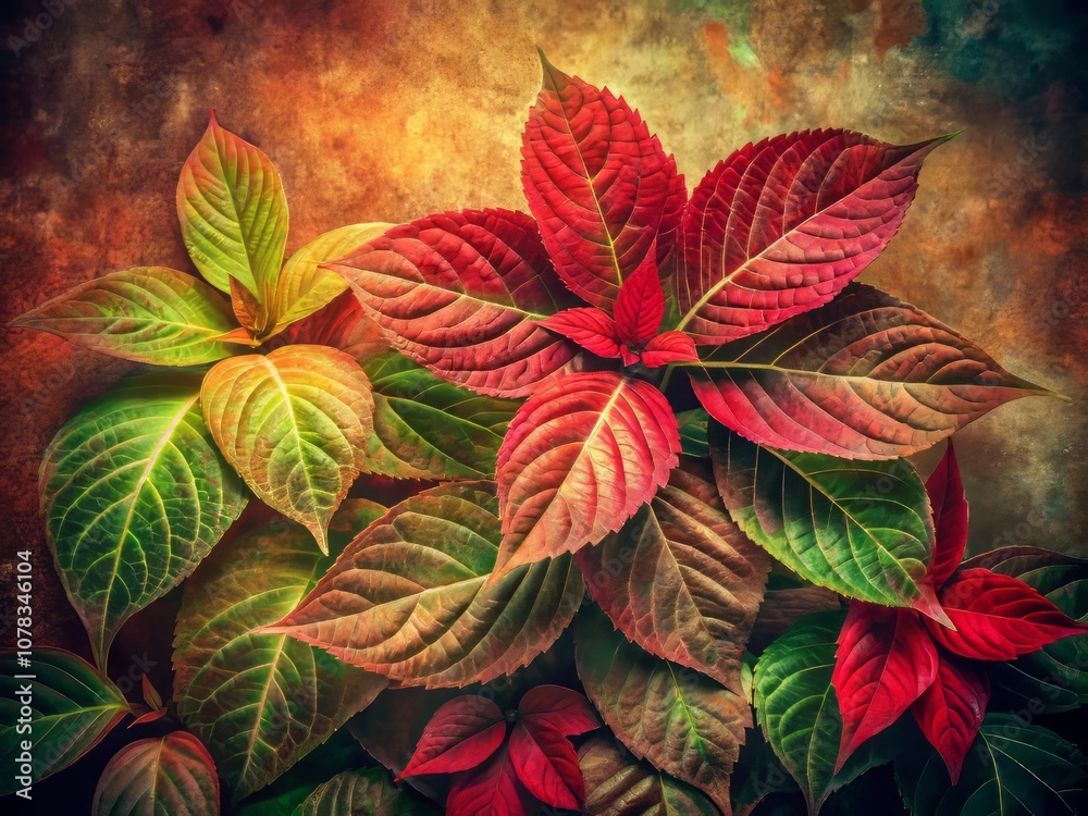 Artistic Composition of Abstract Leaves in Warm Red and Green Tones with Modern Design Elements, Capturing the Essence of Vintage Style Photography Aesthetic Artistic Composition of Abstract Leaves in Warm Red and Green Tones with Modern Design Elements, Capturing the Essence of Vintage Style Photography Aesthetic