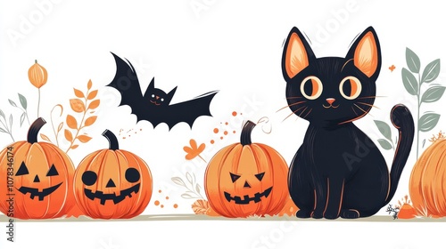 Black Cat, Pumpkins, and Bat Halloween Illustration