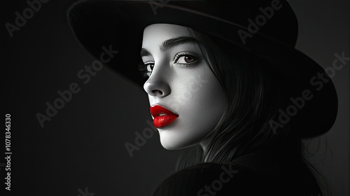 Black-and-white image of a young woman with red lips, the color standing out against her dark hat and background.