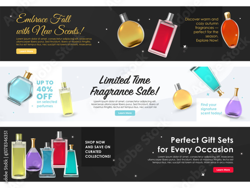Perfume limited time fragrance sale banner design template set realistic vector illustration