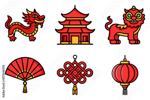 set of red icons, Chinese symbols, Lunar New Year: temple, lion, dragon dance, knot, fan, lantern 
