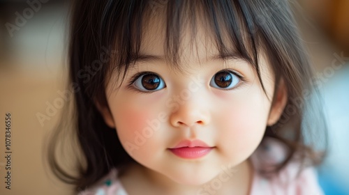 A close-up portrait of a cute young girl with large, expressive eyes and a soft smile, perfect for family-related content, children's products, or parenting articles, It conveys innocence and joy,